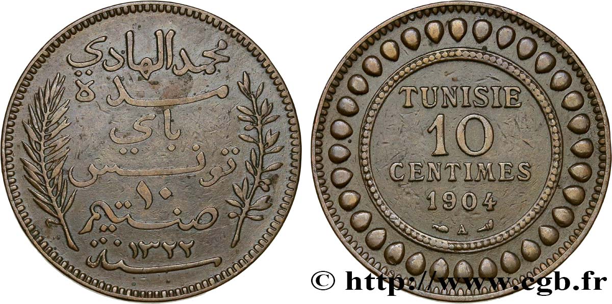 TUNEZ - Protectorado Frances 10 Centimes AH1322 1904 Paris MBC 
