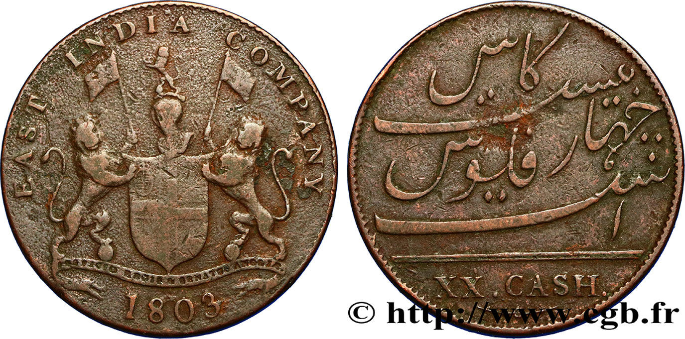 ISLE OF FRANCE (MAURITIUS) XX (20) Cash East India Company 1803 Madras VF 