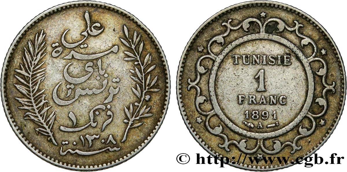 TUNISIA - French protectorate 1 Franc AH1308 1891 Paris XF 