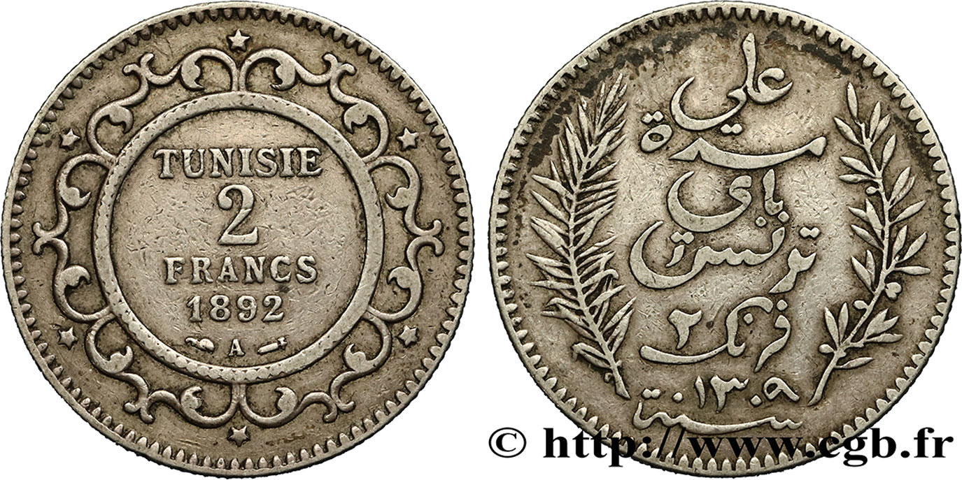 TUNEZ - Protectorado Frances 2 Francs AH1309 1892 Paris - A MBC 