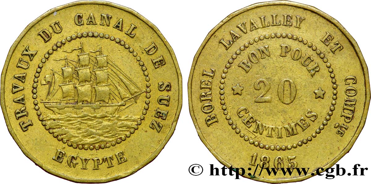 ÉGYPTE - CANAL DE SUEZ 20 Centimes Borel Lavalley et Compagnie 1865  TTB+ 