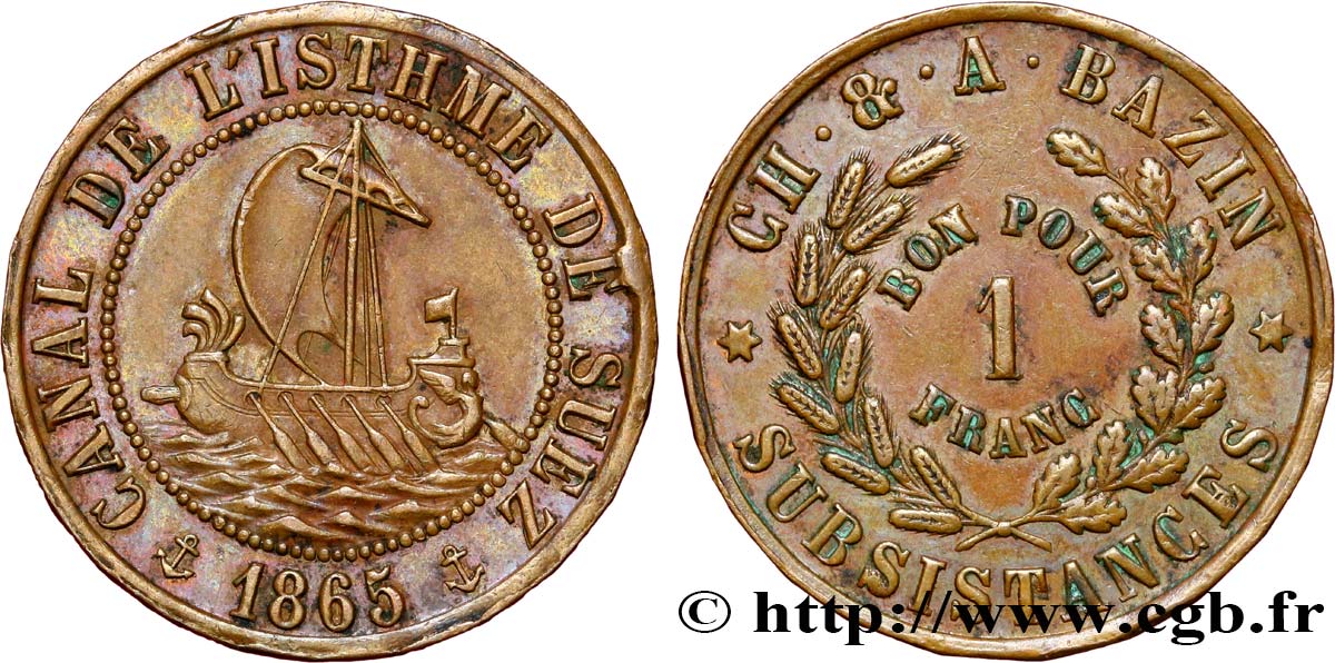 ÉGYPTE - CANAL DE SUEZ Bon pour 1 Franc CH. &. A. BAZIN 1865  SUP 