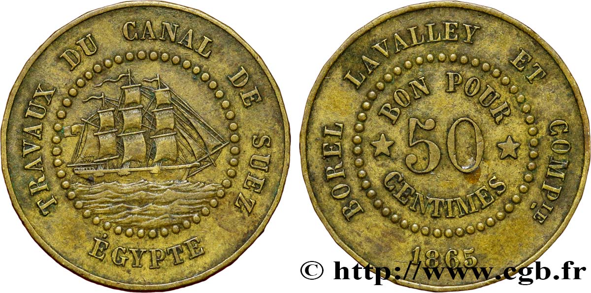 ÉGYPTE - CANAL DE SUEZ 50 Centimes Borel Lavalley et Compagnie 1865  TTB+ 