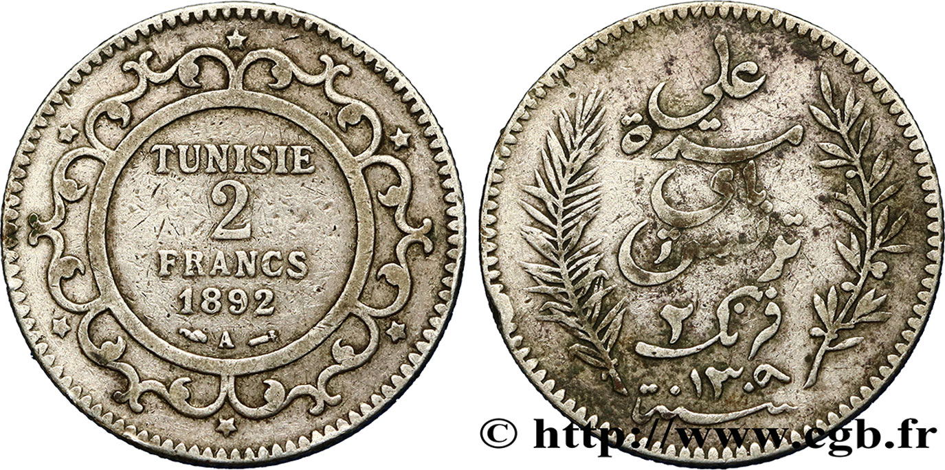 TUNISIA - Protettorato Francese 2 Francs AH1309 1892 Paris - A q.BB 