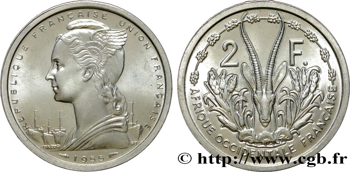 AFRICA OCCIDENTALE FRANCESE - UNION FRANCESA 2 Francs 1955 Paris MS 