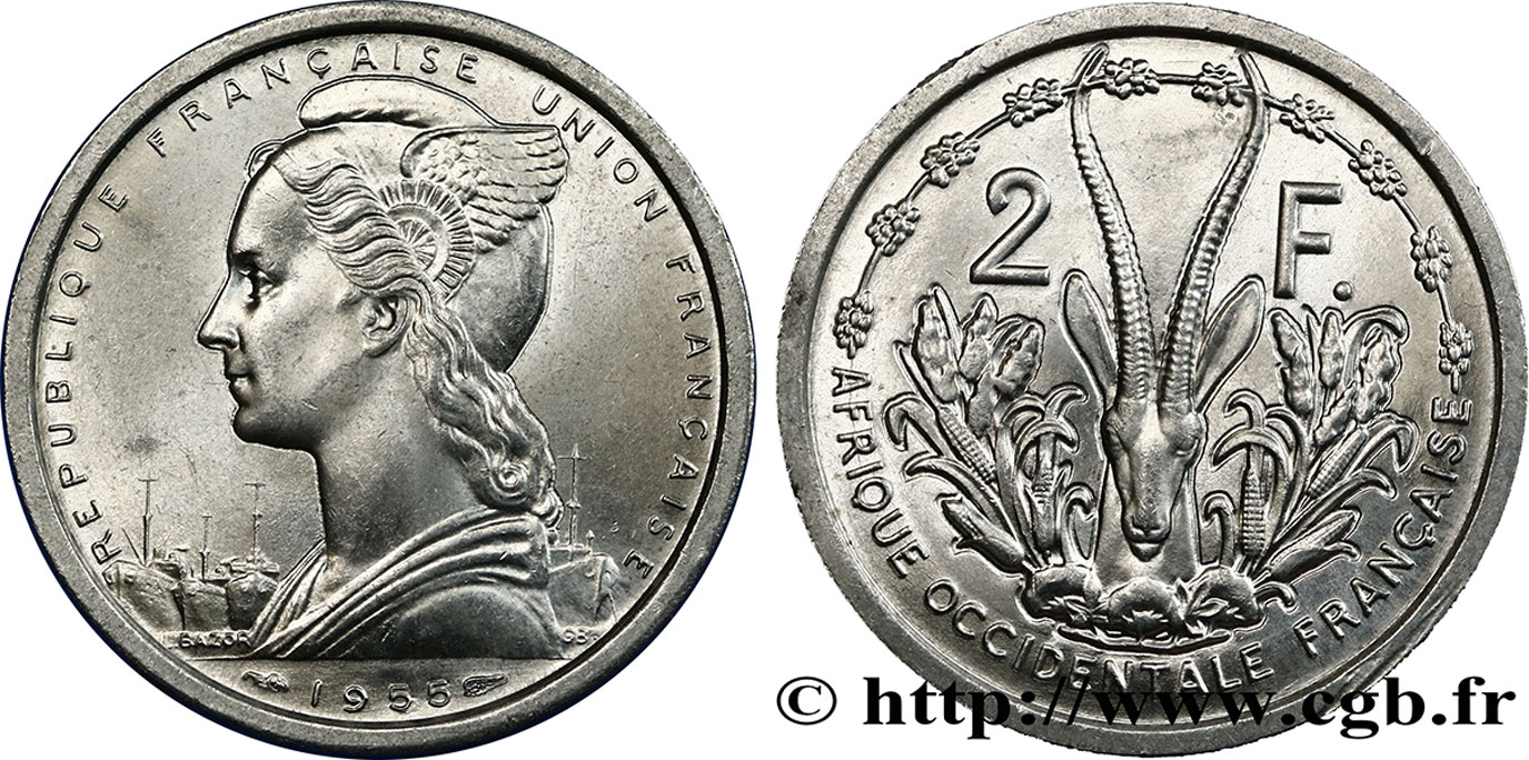 AFRICA OCCIDENTALE FRANCESE - UNION FRANCESA 2 Francs 1955 Paris MS 