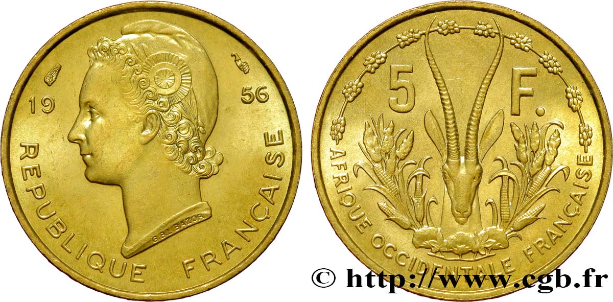AFRIQUE OCCIDENTALE FRANÇAISE 5 Francs Marianne / antilope 1956 Paris SPL 