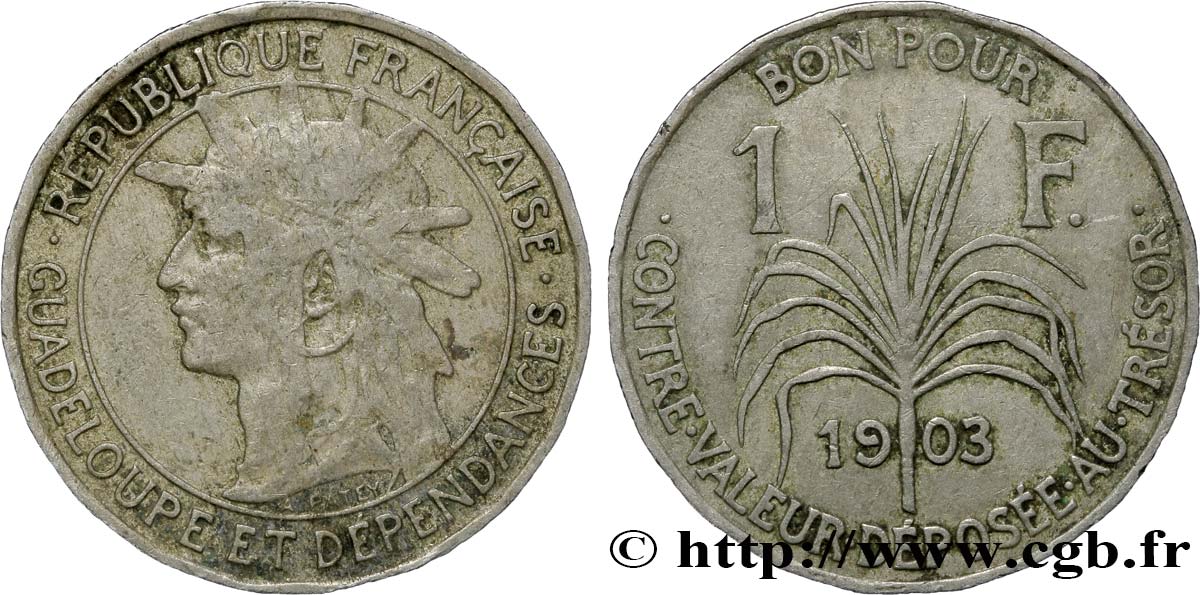 GUADELUPA Bon pour 1 Franc indien caraïbe / canne à sucre 1903  MB 