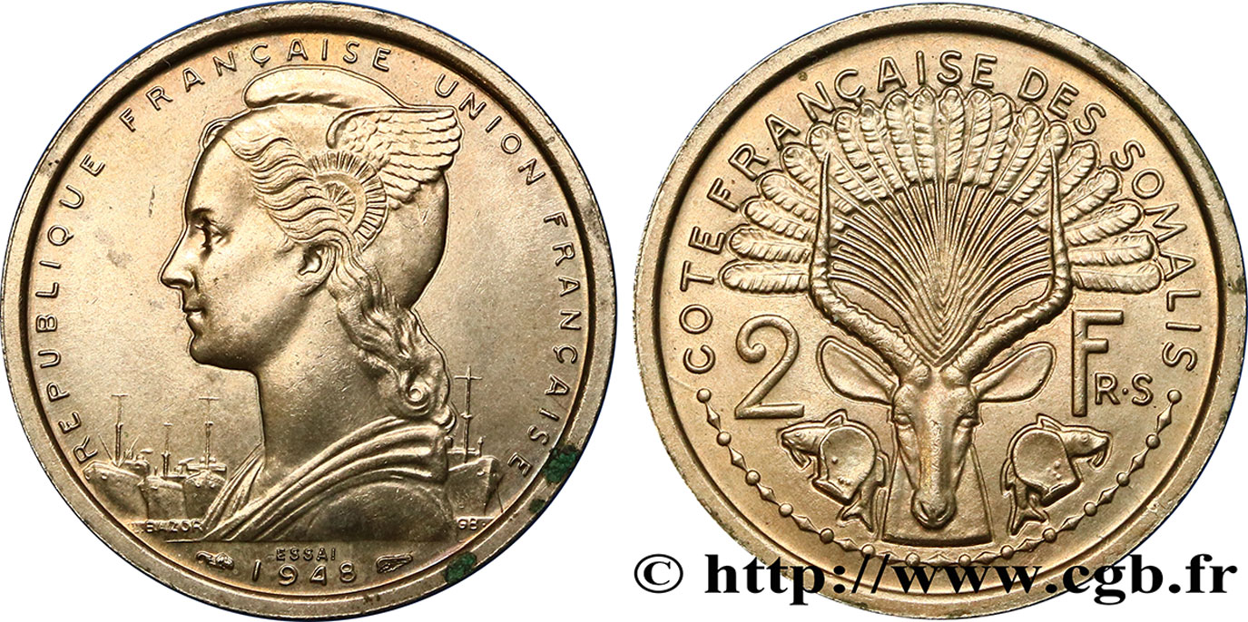 SOMALIA FRANCESA Essai de 2 Francs 1948 Paris EBC 
