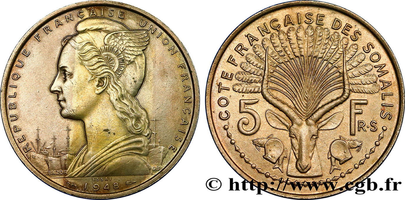 SOMALIA FRANCESA Essai de 5 Francs 1948 Paris EBC 