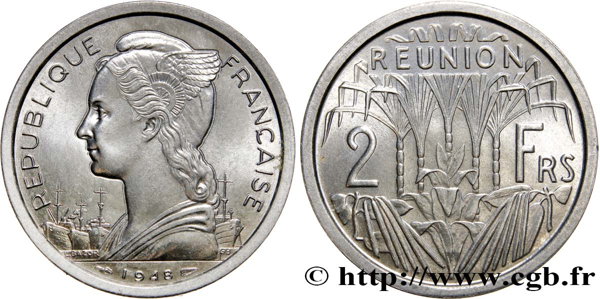 REUNION 2 Francs 1948 Paris MS 