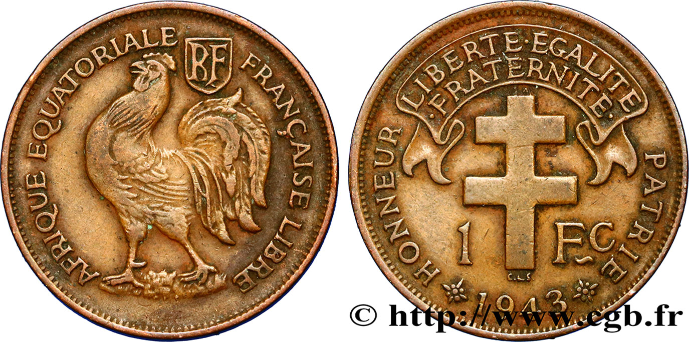 AFRIQUE ÉQUATORIALE FRANÇAISE - FRANCE LIBRE 1 Franc 1943 Prétoria TTB+ 