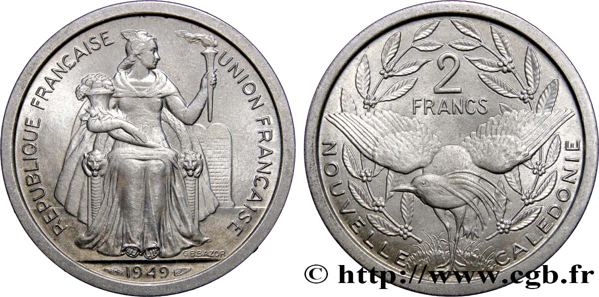 NEUKALEDONIEN 2 Francs Union Française 1949 Paris fST 