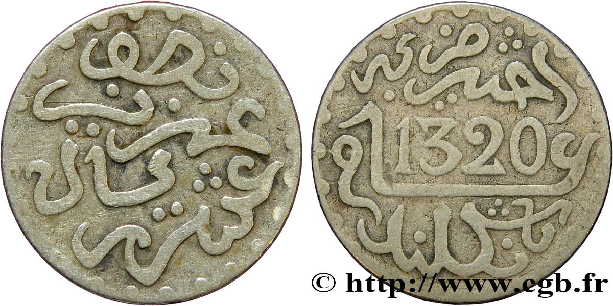 MARUECOS 1/2 Dirham Abdul Aziz I an 1320 1902 Londres BC+ 
