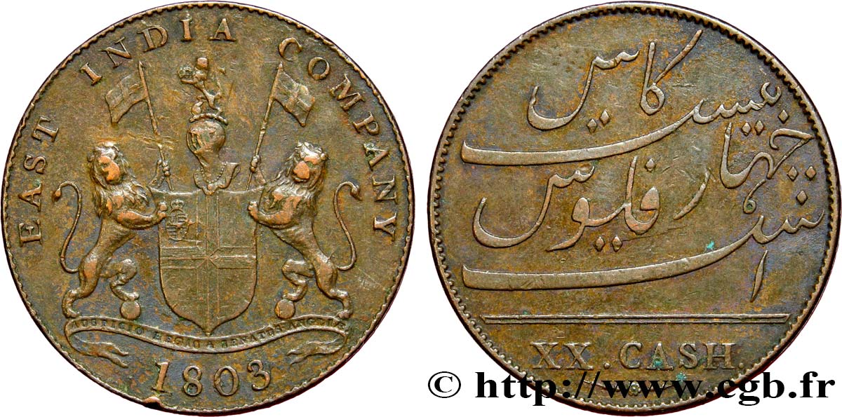 ÎLE DE FRANCE (ÎLE MAURICE) XX (20) Cash East India Company 1803 Madras TTB 
