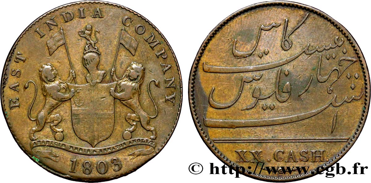 ISLE OF FRANCE (MAURITIUS) XX (20) Cash East India Company 1803 Madras XF 