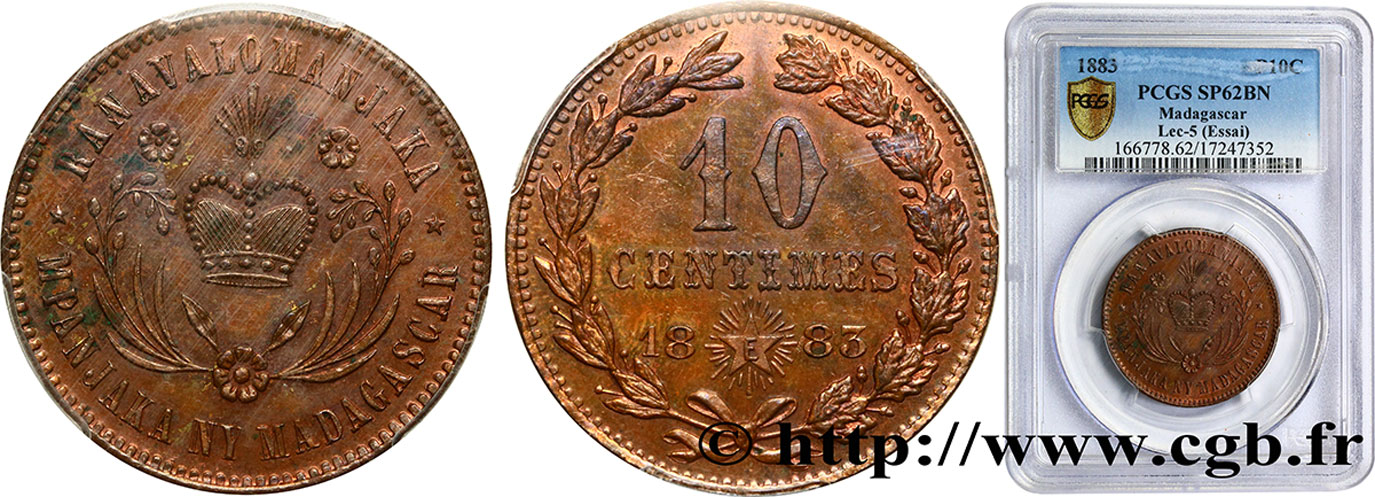 MADAGASCAR Essai de 10 Centimes au nom de la reine Ranavalona III 1883  MS62 PCGS