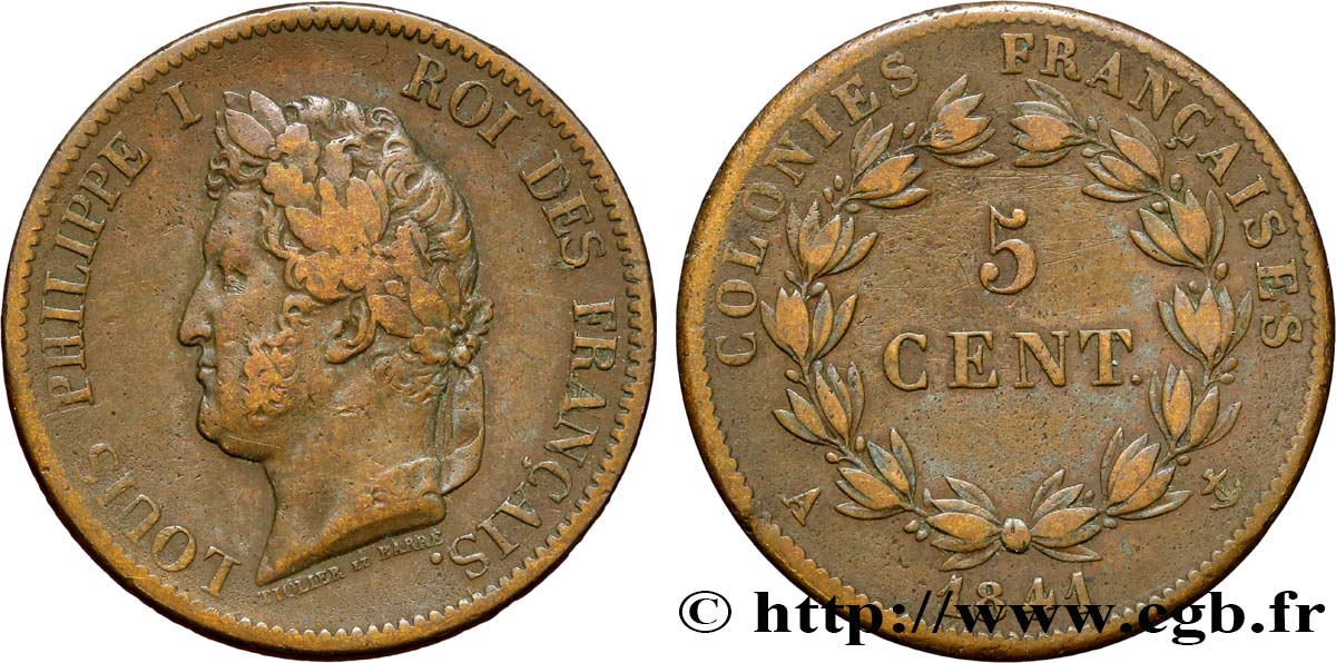 COLONIE FRANCESI - Luigi Filippo, per Guadalupa 5 Centimes Louis Philippe Ier 1841 Paris - A q.BB 