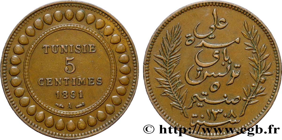 TUNISIA - French protectorate 5 Centimes AH1308 1891  AU 