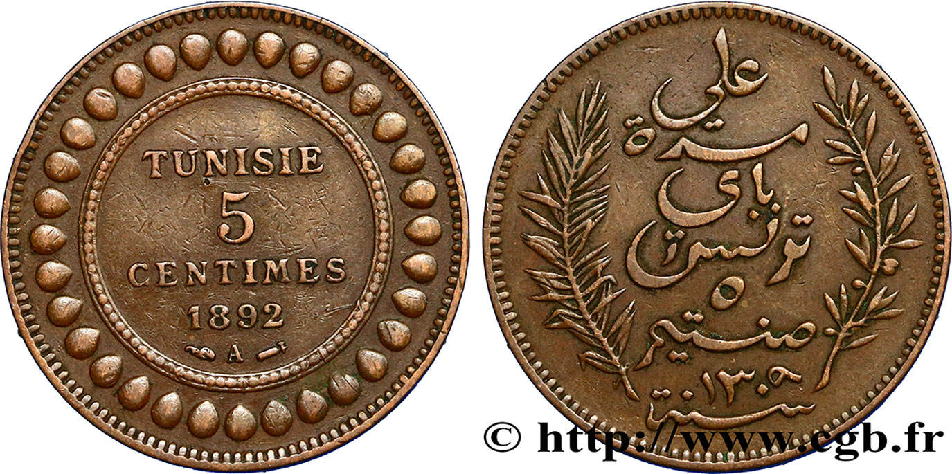 TUNISIA - French protectorate 5 Centimes AH1309 1892 Paris AU 