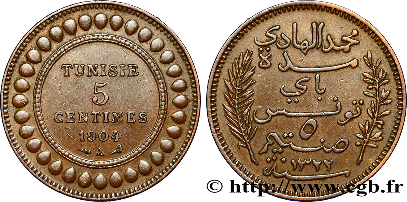 TUNISIA - French protectorate 5 Centimes AH1322 1904 Paris AU 