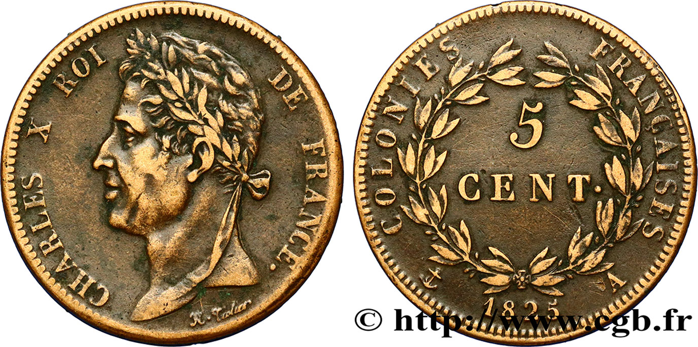 COLONIE FRANCESI - Carlo X, per Guyana e Senegal 5 Centimes Charles X 1825 Paris - A q.SPL 