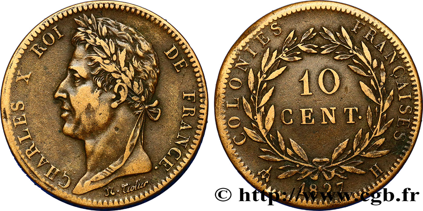 COLONIE FRANCESI - Carlo X, per Guyana e Senegal 10 Centimes Charles X 1827 La Rochelle q.SPL 