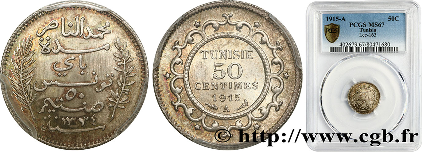 TUNISIA - French protectorate 50 Centimes AH1334 1915 Paris MS67 PCGS