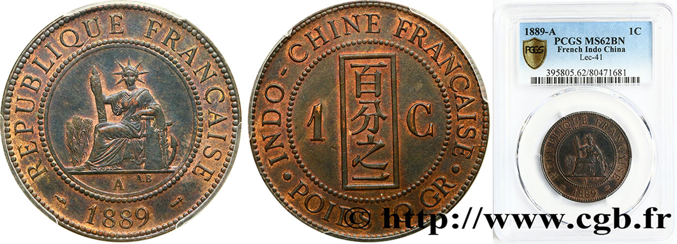INDOCHINA 1 Centième 1889 Paris EBC62 PCGS
