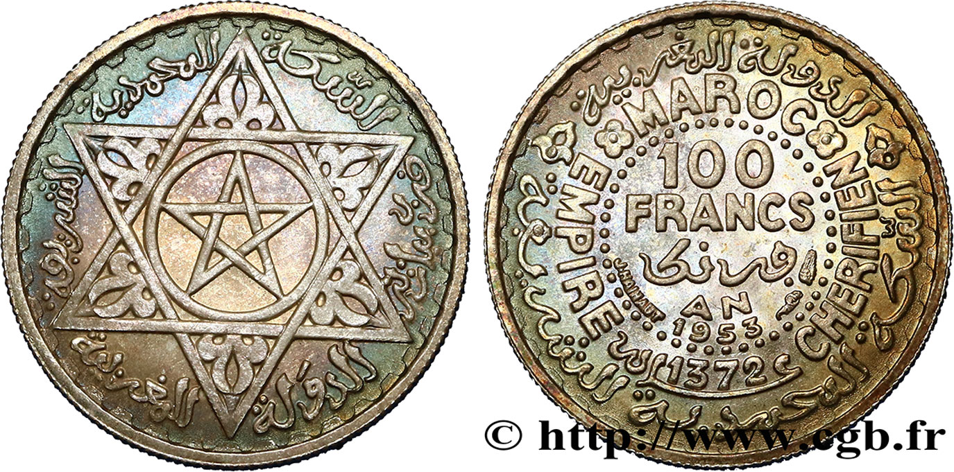 MAROCCO - PROTETTORATO FRANCESE 100 Francs AH 1372 1953 Paris MS ANACS