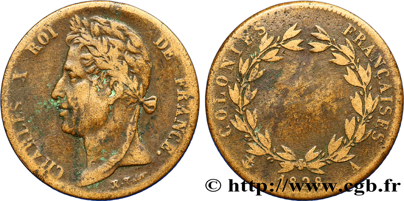 COLONIE FRANCESI - Carlo X, per Guyana 5 Centimes Charles X 1828 Paris - A MB 