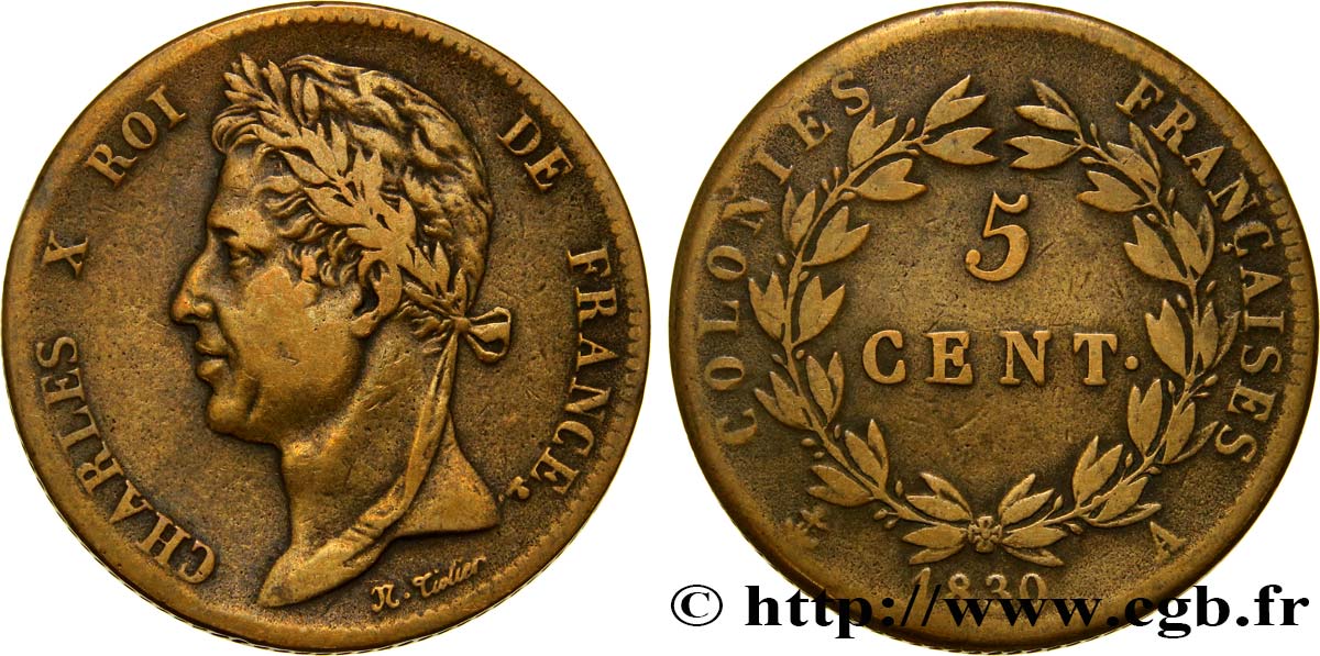 COLONIAS FRANCESAS - Charles X, para Guayana 5 Centimes Charles X 1830 Paris - A BC 