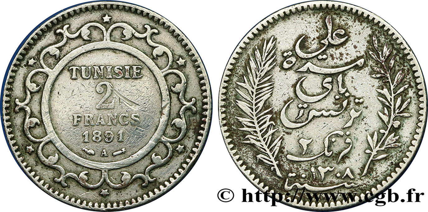 TUNEZ - Protectorado Frances 2 Francs AH1308 1891 Paris - A BC+ 