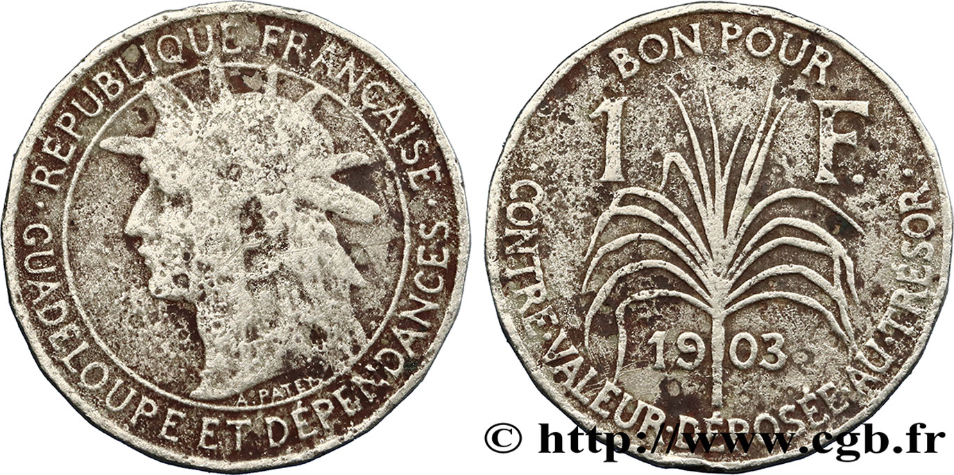 GUADELUPA Bon pour 1 Franc indien caraïbe / canne à sucre 1903  q.MB 