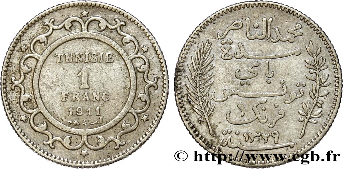 TUNESIEN - Französische Protektorate  1 Franc AH 1329 1911 Paris VZ 