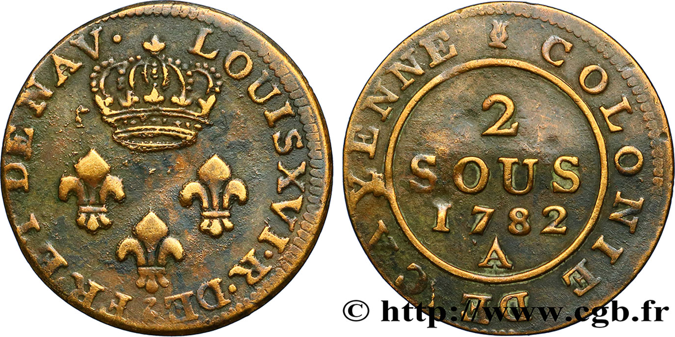 FRENCH GUIANA 2 Sous colonies de Cayenne 3e type  1782 Paris - A VF 