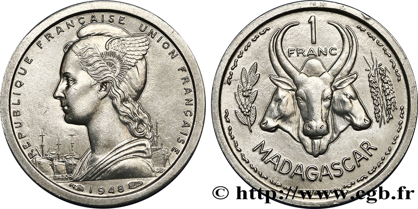MADAGASCAR French Union 1 Franc 1948 Paris MS 