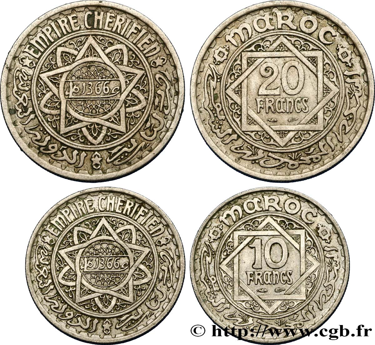 MAROKKO - FRANZÖZISISCH PROTEKTORAT Lot de deux monnaies 10 et 20 Francs AH 1366 1947 Paris VZ 