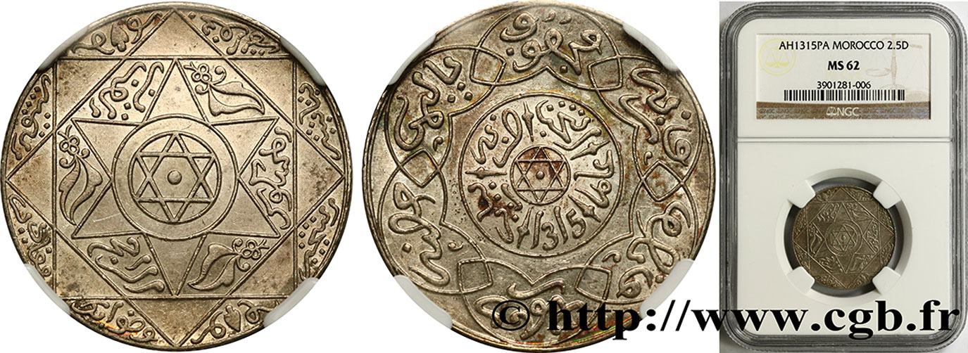 MAROCCO 2 1/2 Dirhams Abdul Aziz I an 1315 1897 Paris SPL62 NGC