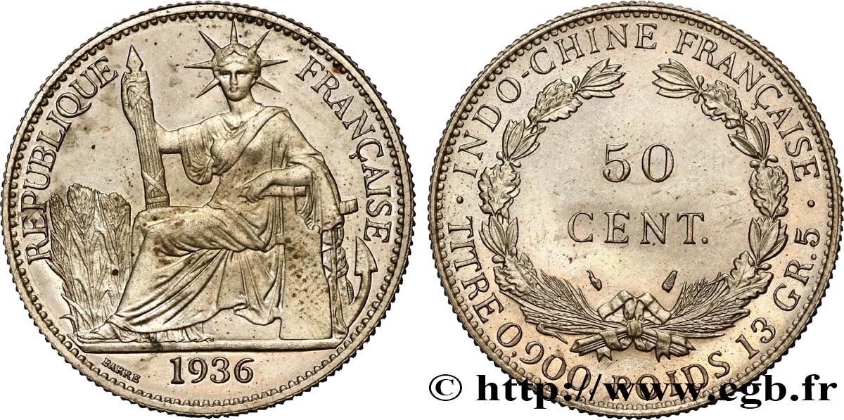 INDOCHINA Pré-série 50 Centièmes en bronze de nickel, sans le mot ESSAI 1936 Paris FDC 