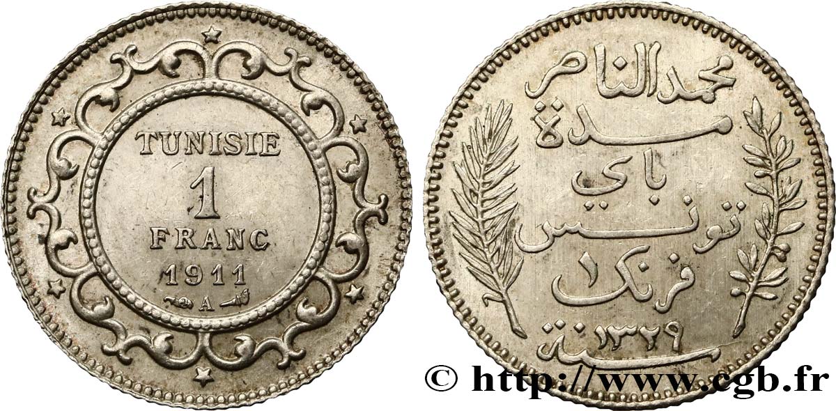 TUNISIA - French protectorate 1 Franc AH 1329 1911 Paris AU 