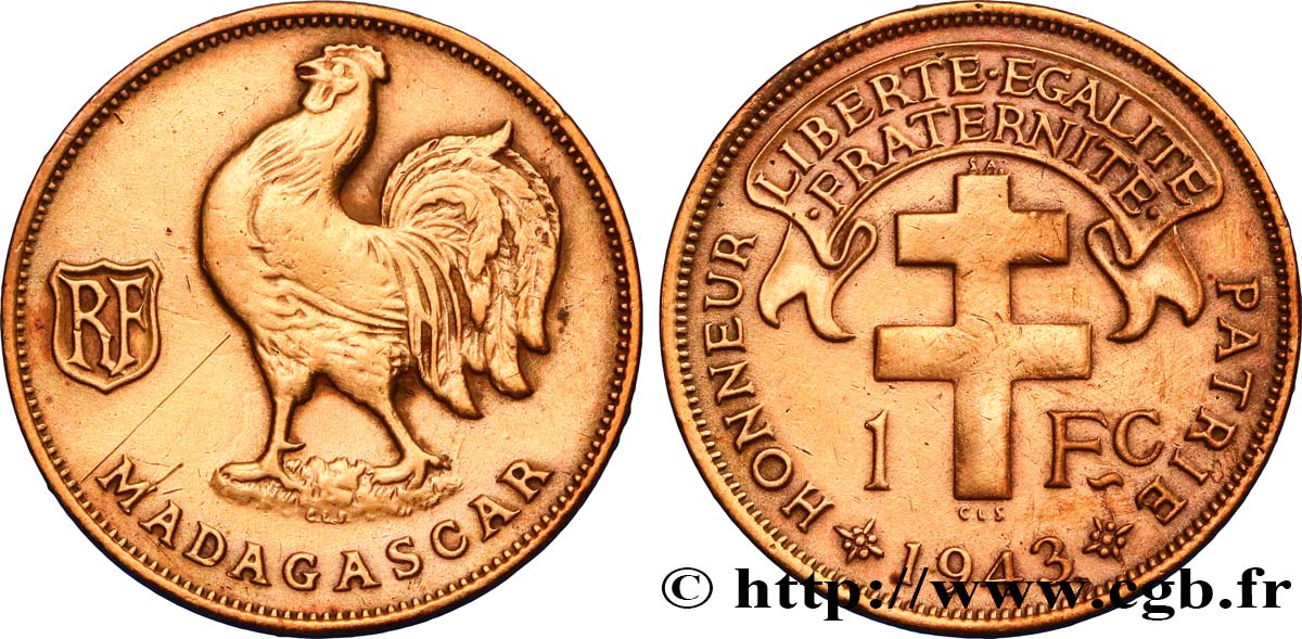 ÎLE DE MADAGASCAR - France Libre 1 Franc 1943 Prétoria TTB 