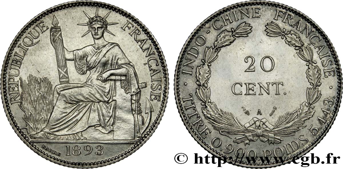 INDOCHINA 20 Centièmes 1893

 Paris EBC 