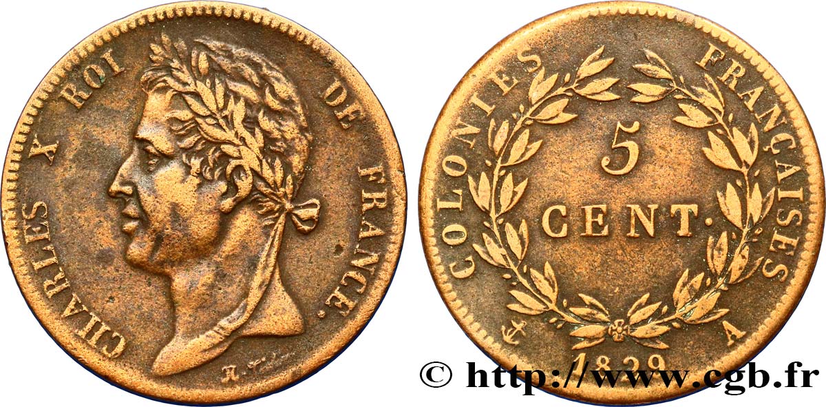 COLONIAS FRANCESAS - Charles X, para Guayana 5 Centimes Charles X 1829 Paris - A MBC 