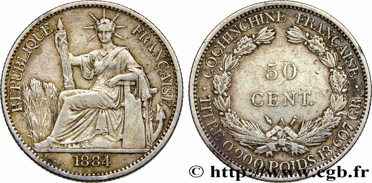 FRENCH COCHINCHINA 50 Centimes 1884 Paris XF 