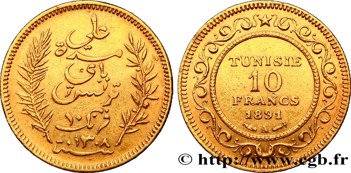 TUNEZ - Protectorado Frances 10 Francs or Bey Ali AH1308 1891 Paris MBC 