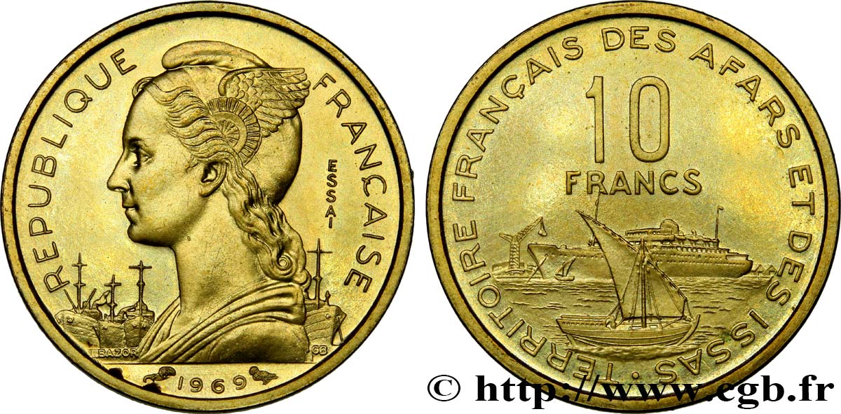 YIBUTI - Territorio Francés de los Afars e Issas 10 Francs ESSAI 1969 Paris SC 