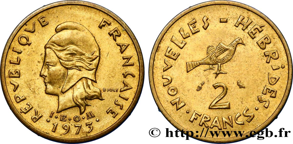 NUEVAS HÉBRIDAS (VANUATU desde 1980) 2 Francs I. E. O. M. Marianne / oiseau 1973 Paris EBC 
