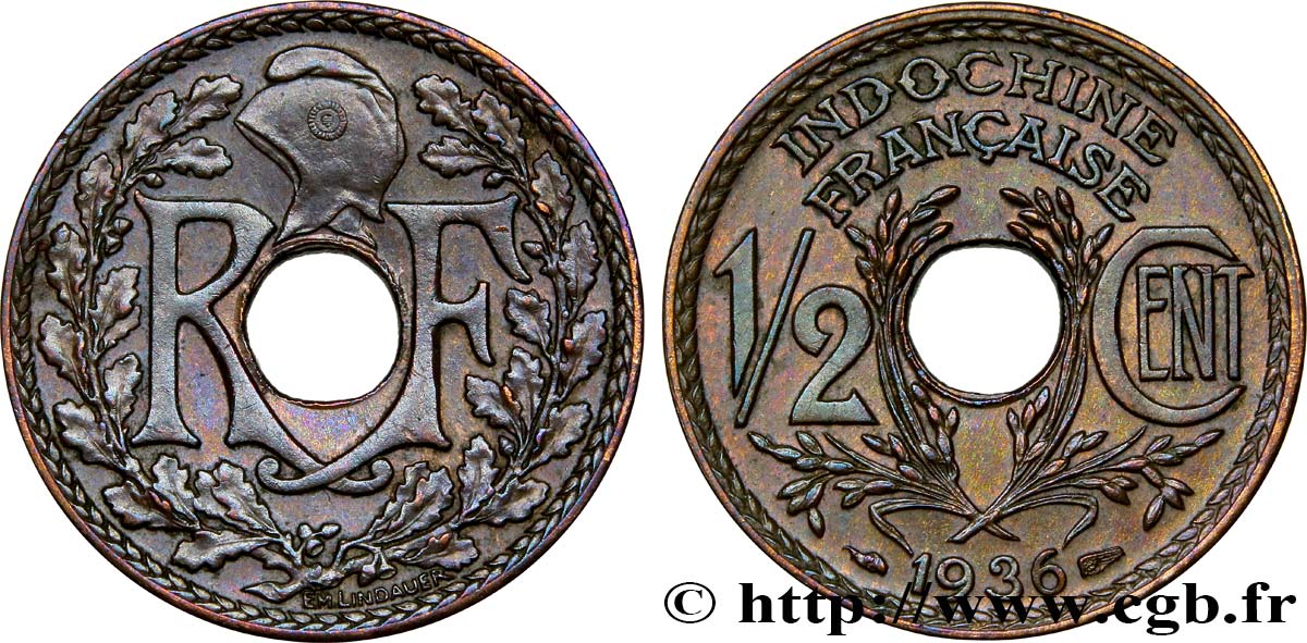 INDOCHINA 1/2 Centième 1936 Paris EBC 