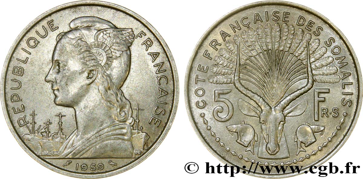 FRANZÖSISCHE SOMALILAND 5 Francs 1959 Paris VZ 
